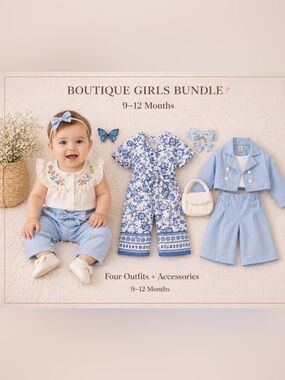 Boutique Girls Blue 3 Sets  Embroidered Top+ Pants Chic Summer Outfit + Jumpsuit